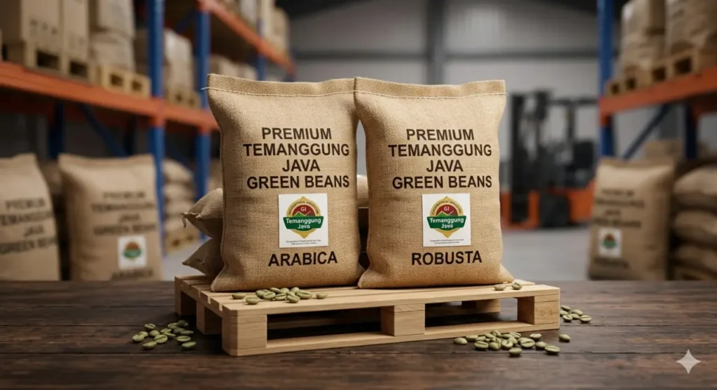 Karung green bean kopi arabika dan robusta Temanggung bersertifikat Indikasi Geografis siap ekspor ke Singapura, Korea Selatan, dan Jerman