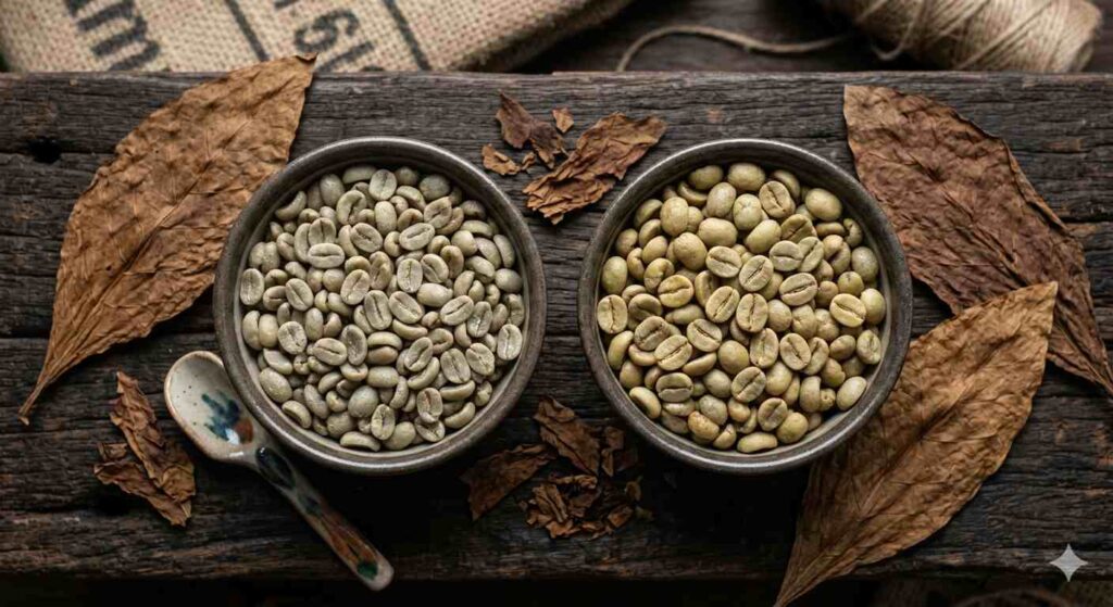 Perbandingan green bean kopi arabika dan robusta Temanggung dengan dekorasi daun tembakau alami