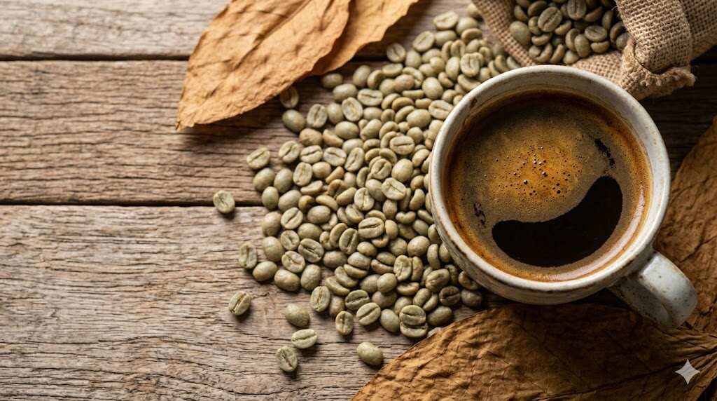 Green bean kopi robusta Temanggung grade 1 premium di atas permukaan kayu rustic bersama cangkir kopi hitam dan daun tembakau