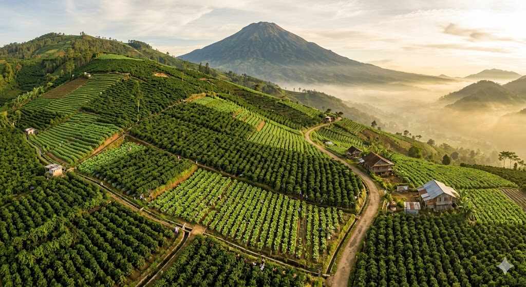 Perkebunan kopi robusta Temanggung yang berdampingan dengan tanaman tembakau di lereng gunung vulkanik Jawa Tengah