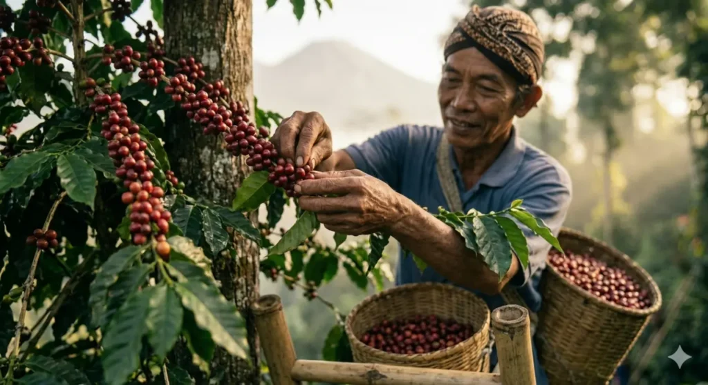 Petani kopi Temanggung melakukan petik merah selektif di lereng Gunung Sindoro Sumbing, standar kualitas kopi temanggung terbaik untuk pasar ekspor