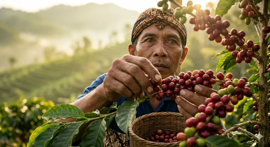 Petani kopi Temanggung sedang melakukan petik merah selektif di lereng gunung vulkanik Jawa Tengah