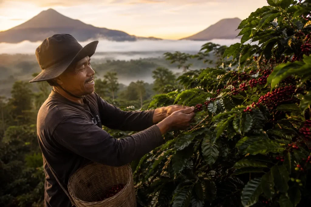 petani memetik kopi temanggung terbaik di perkebunan lereng gunung