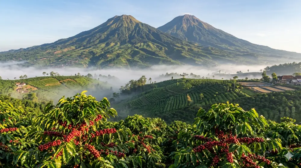 Kopi Temanggung asli di lereng Gunung Sindoro Sumbing dengan kebun kopi hijau subur