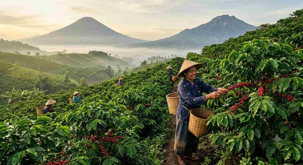 Perkebunan kopi Temanggung di lereng Gunung Sindoro saat pagi hari